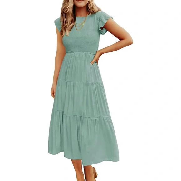 Zesica | Dresses | Womens Short Sleeve Crew Neck Elastic Waist Tiered Midi  Dress | Poshmark